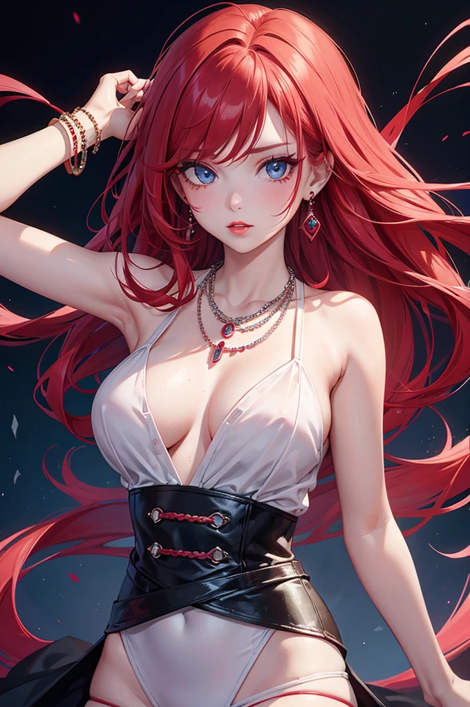 a very attractive girl with red hair wearing jewelry and pink lipstick looks sad, 1girl, solo, jewelry, red hair, earrings, long hair, messy hair, eyelashes, looking at viewer, red lips, necklace, parted lips, blue eyes, black background