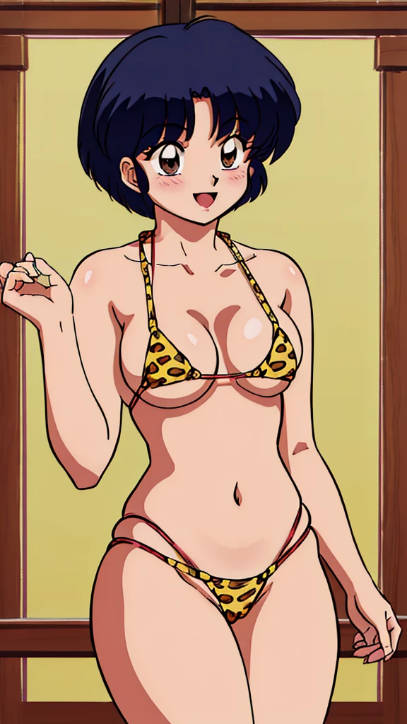 (masterpiece, 4K, Highest quality, anime style: 1.9, Detailed face, Lovely, Bold Line, High resolution, anime,alone, Curvaceous, Thighs, Small breasts,Cleavage, Center of chest, smile, Please open your mouth wide, Very slim belly, Cowboy Shot, Leopard print micro bikini,1 girl,blush,Naked in a swimsuit,Ranma 1/2,tendou akane