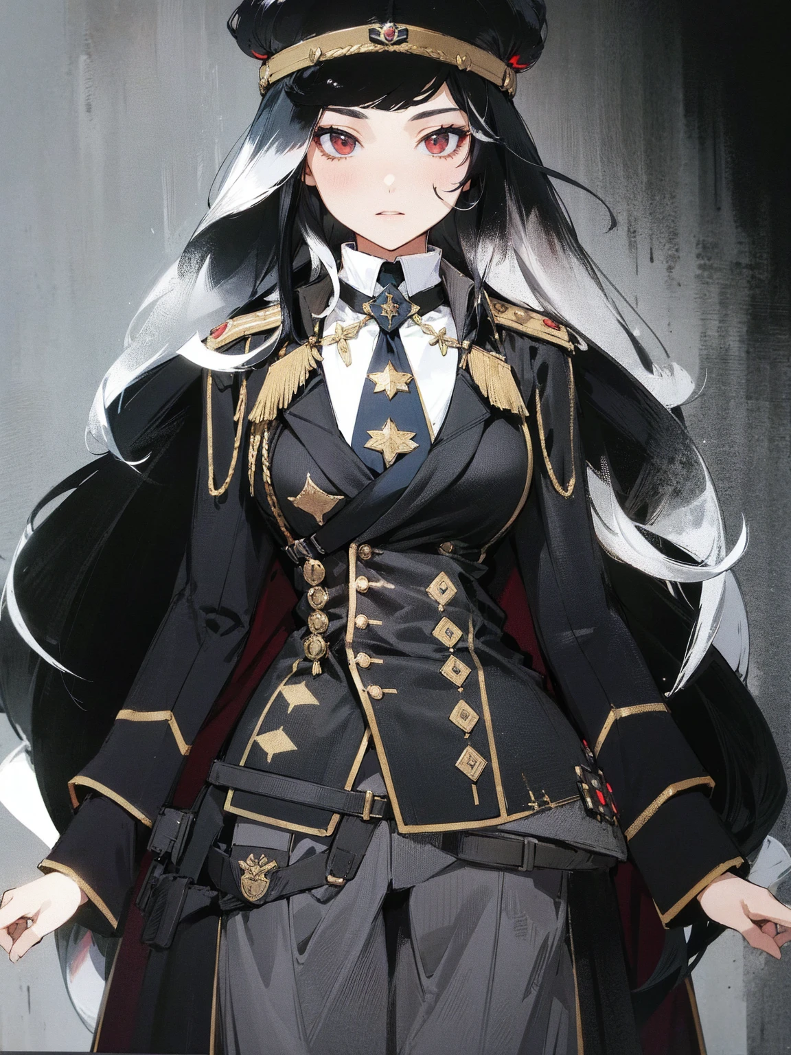 She is a military general, her hair is black and white, it is mix with curly and straight hair, add in some red streaks.