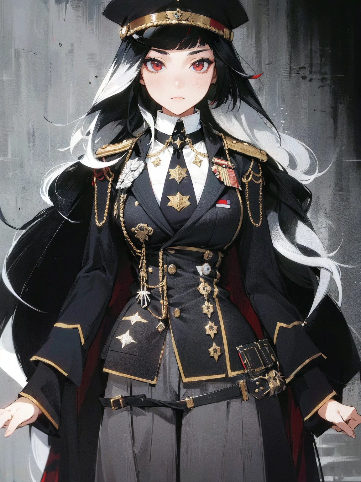 She is a military general, her hair is black and white, it is mix with curly and straight hair, add in some red streaks.
