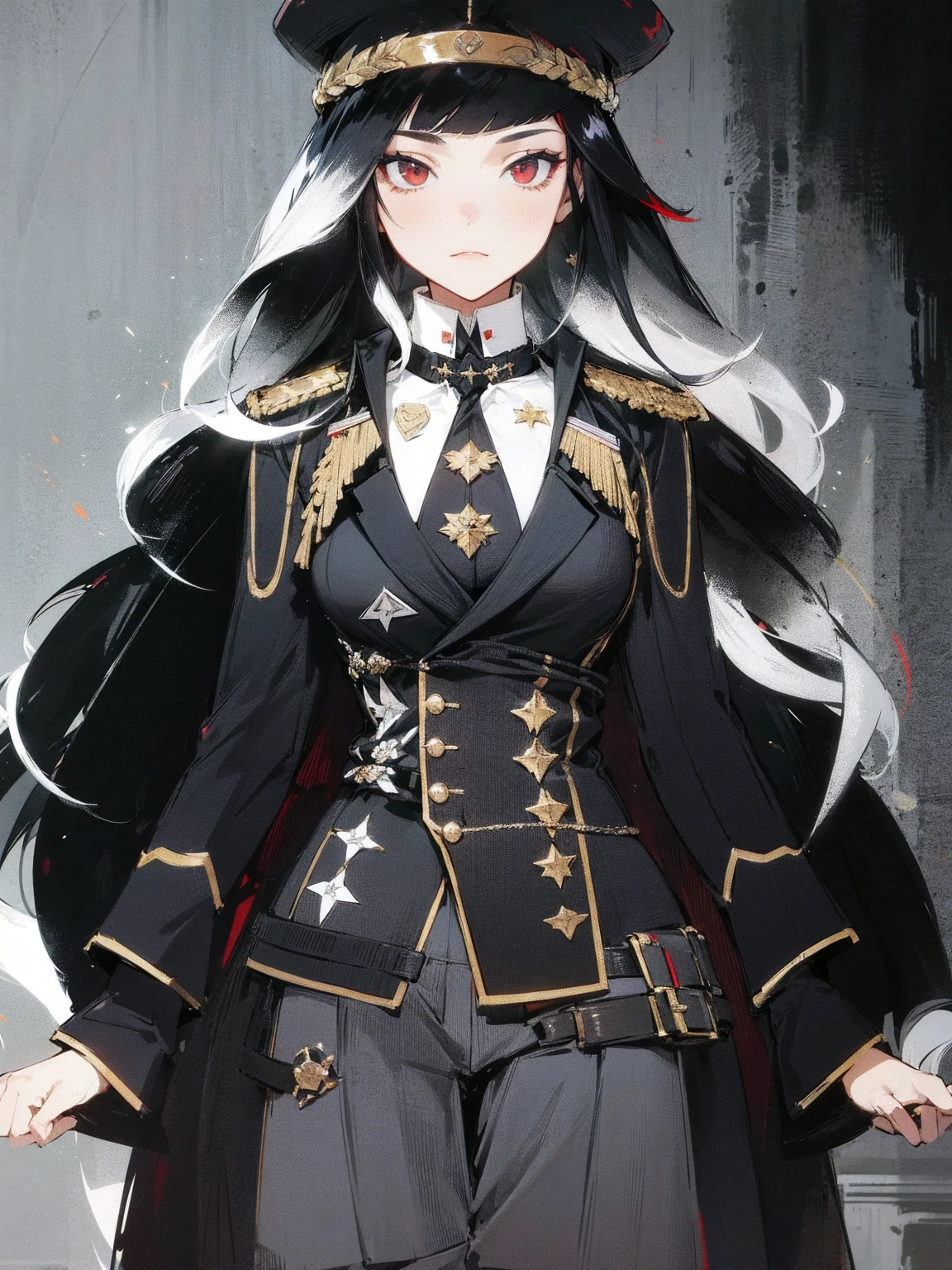 She is a military general, her hair is black and white, it is mix with curly and straight hair, add in some red streaks.
