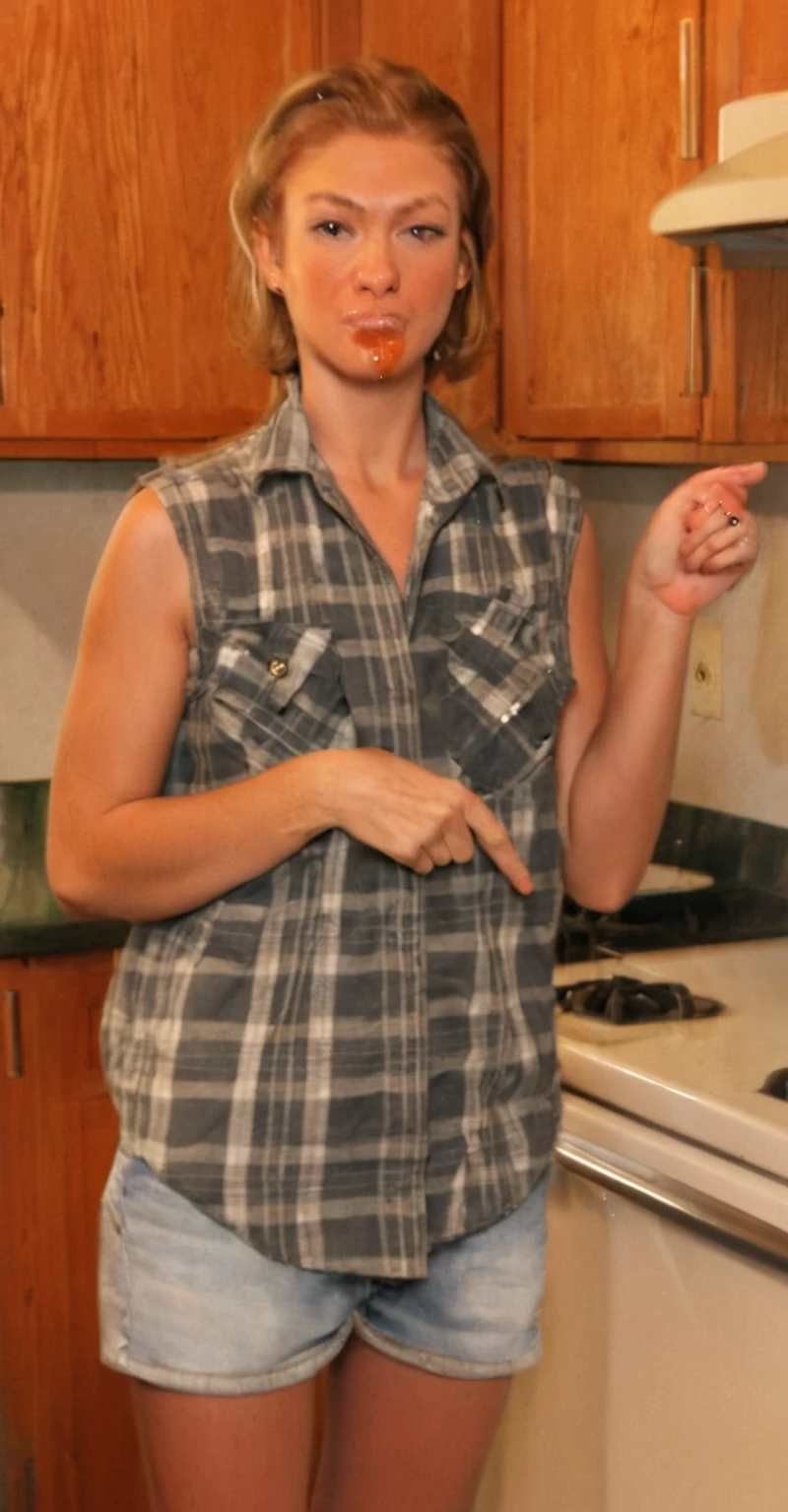 pretty woman pointing at something in kitchen with wooden cabinets, wearing nothing, in the nude, cooking it up, full body close-up shot, mid 20's female, wide shot photo, very sexy, her clothes are transparent