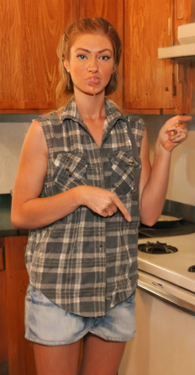 pretty woman pointing at something in kitchen with wooden cabinets, wearing nothing, in the nude, cooking it up, full body close-up shot, mid 20's female, wide shot photo, very sexy, her clothes are transparent