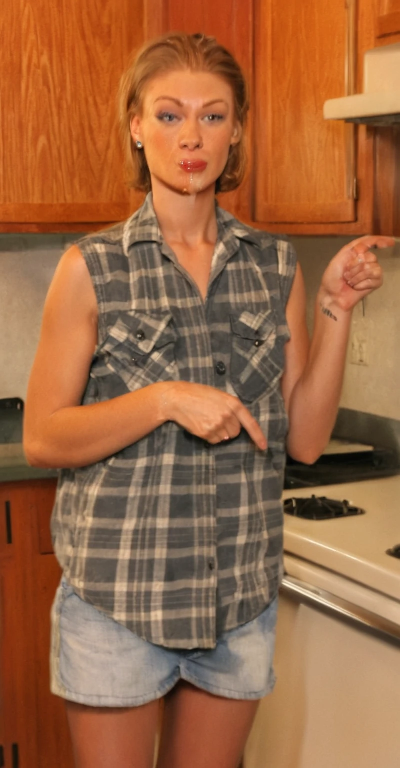 pretty woman pointing at something in kitchen with wooden cabinets, wearing nothing, in the nude, cooking it up, full body close-up shot, mid 20's female, wide shot photo, very sexy, her clothes are transparent