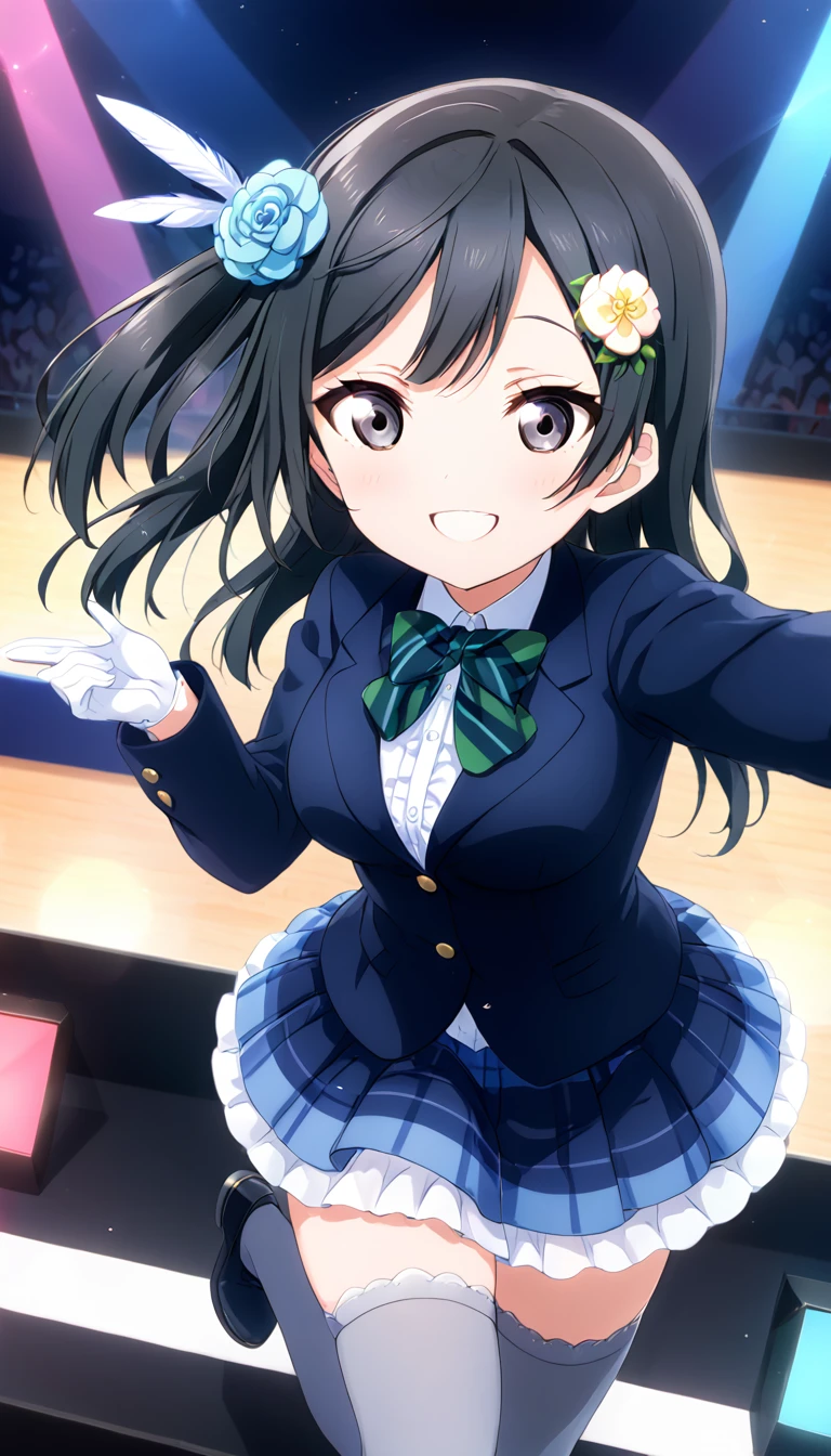 masterpiece, best quality, one side up, feather hair ornament, hair flower, white gloves, legwear, thighhighs, (1girl), (solo), otonokizaka ,winter uniform, green striped bow tie, blue blazer, blue  pleated skirt,from above, on live stage,dancing,spread arms ,smile,spot brilliant light,BREAK score_9, score_8_up, score_7_up, score_6_up, source_anime 