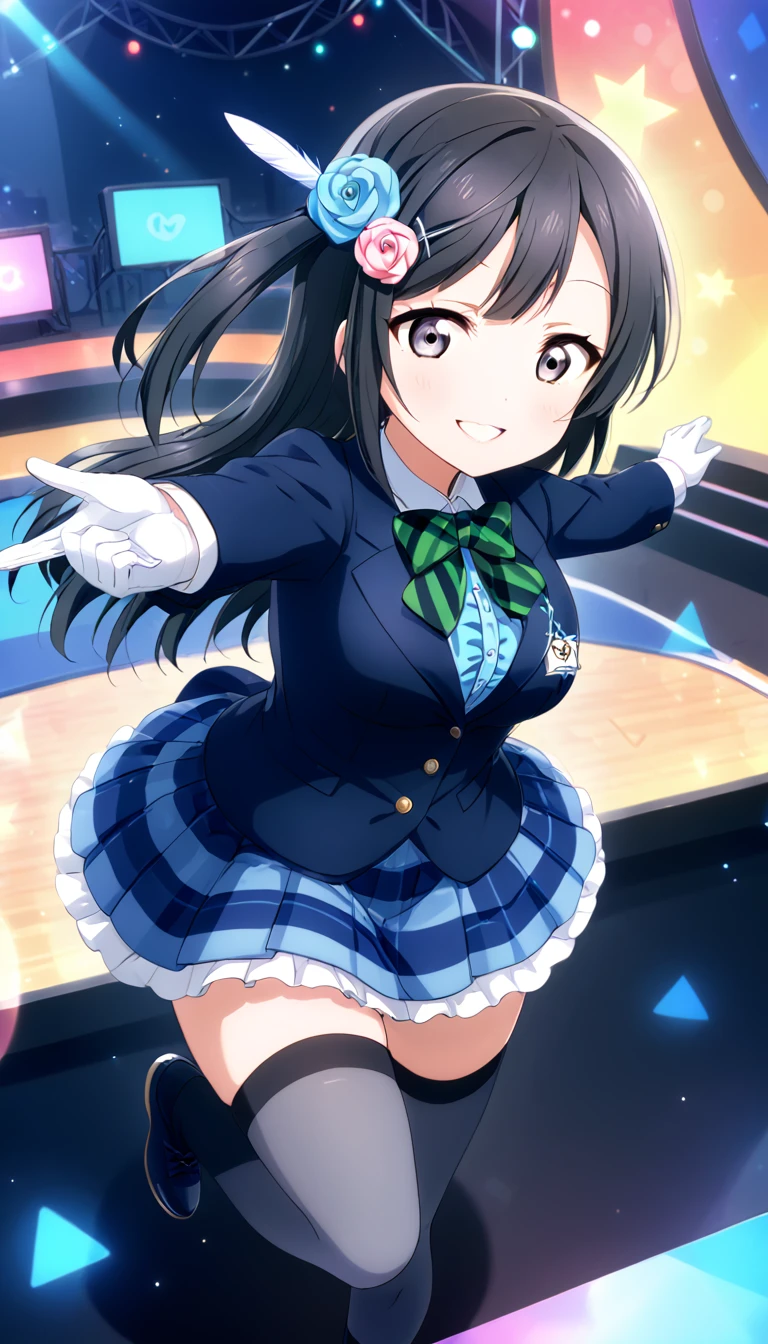 masterpiece, best quality, one side up, feather hair ornament, hair flower, white gloves, legwear, thighhighs, (1girl), (solo), otonokizaka ,winter uniform, green striped bow tie, blue blazer, blue  pleated skirt,from above, on live stage,dancing,spread arms ,smile,spot brilliant light,BREAK score_9, score_8_up, score_7_up, score_6_up, source_anime 