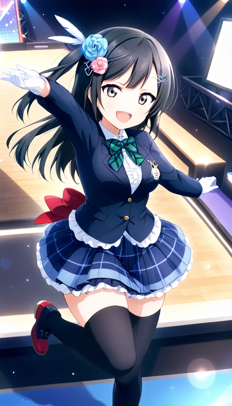 masterpiece, best quality, one side up, feather hair ornament, hair flower, white gloves, legwear, thighhighs, (1girl), (solo), otonokizaka ,winter uniform, green striped bow tie, blue blazer, blue  pleated skirt,from above, on live stage,dancing,spread arms ,smile,spot brilliant light,BREAK score_9, score_8_up, score_7_up, score_6_up, source_anime 