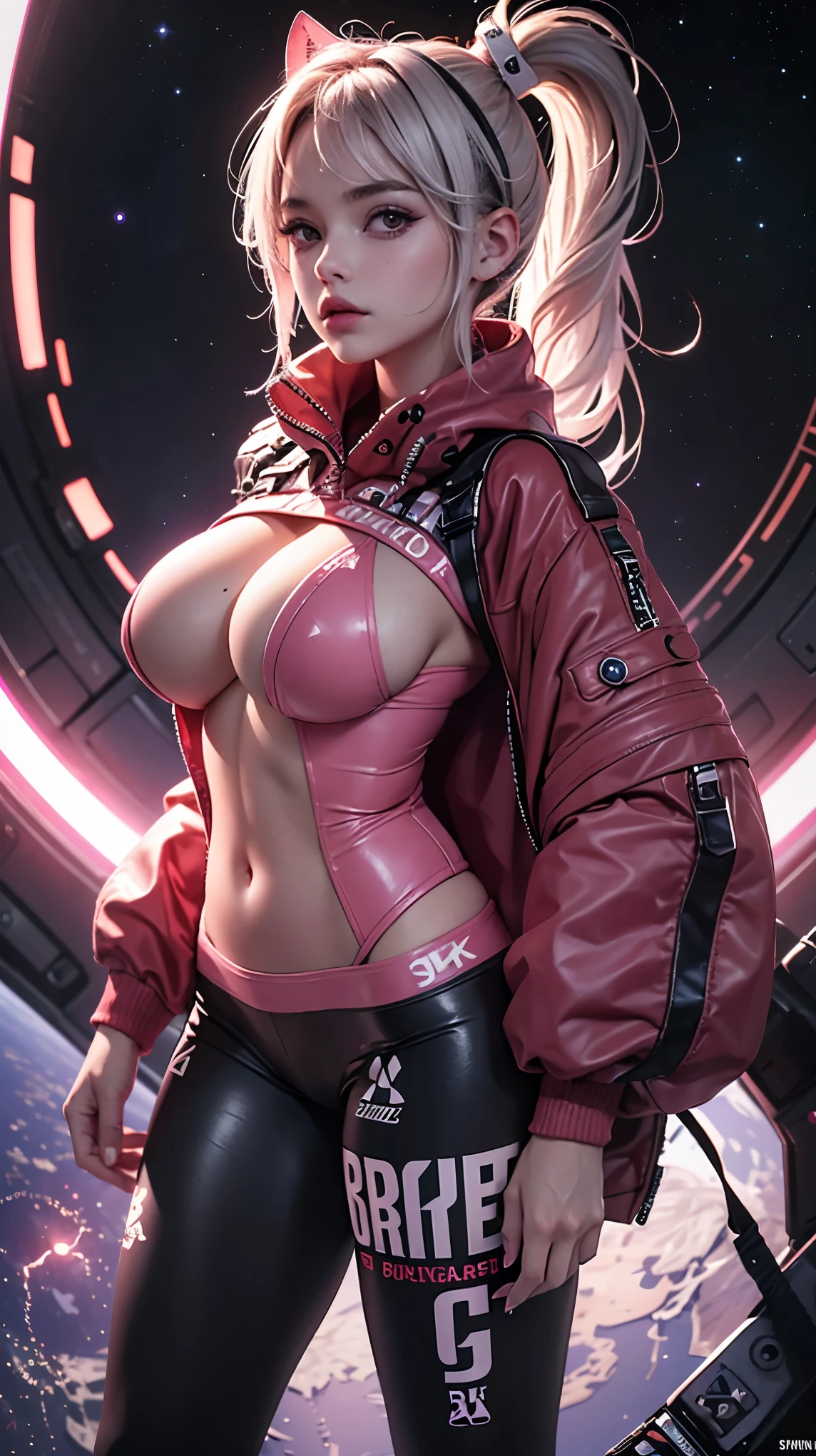 (ultra-realistic, 32k, masterpiece: 1.2), (high detail skin: 1.1), (high quality: 1.1), makeup, mascara,holo punk style, tattoo, punk spikes (light pink oversized pullover) , black leggings:1.1),, (torn clothes:1.1),,(looks at viewer, standing, top:1.1),, huge breasts,(soft dim neon light:1.1), space, space, space background, blurred background,