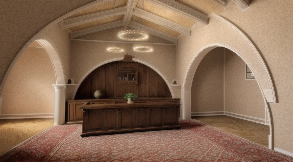 arafed living room with a couch and a table and chairs, high arched ceiling, arched ceiling, with archways, vaulted ceiling, rounded ceiling, big arches in the back, sweeping arches, archs and walls, with great domes and arches, high ceiling, white sweeping arches, there are archways, high ceilings, architectural masterpiece