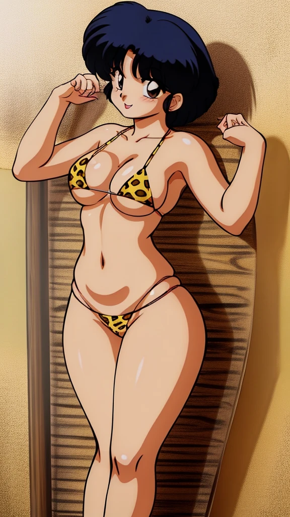 (masterpiece, 4K, Highest quality, anime style: 1.9, Detailed face, Lovely, Bold Line, High resolution, anime,alone, Curvaceous, Thighs, Small breasts,Cleavage, Center of chest, smile, Please open your mouth wide, Very slim belly, Cowboy Shot, Leopard print micro bikini,1 girl,blush,Naked in a swimsuit,Ranma 1/2,tendou akane