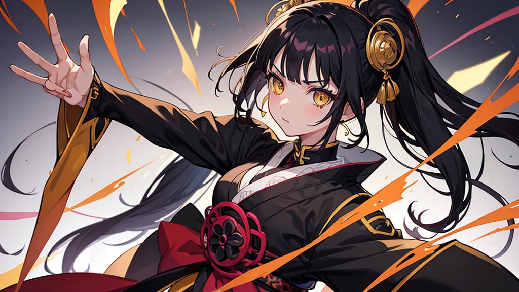 girl, gothic, fighter, kimetsu no yaiba, black hair, yellow eyes, dancer, japanese hob, wednesday, solo, jade