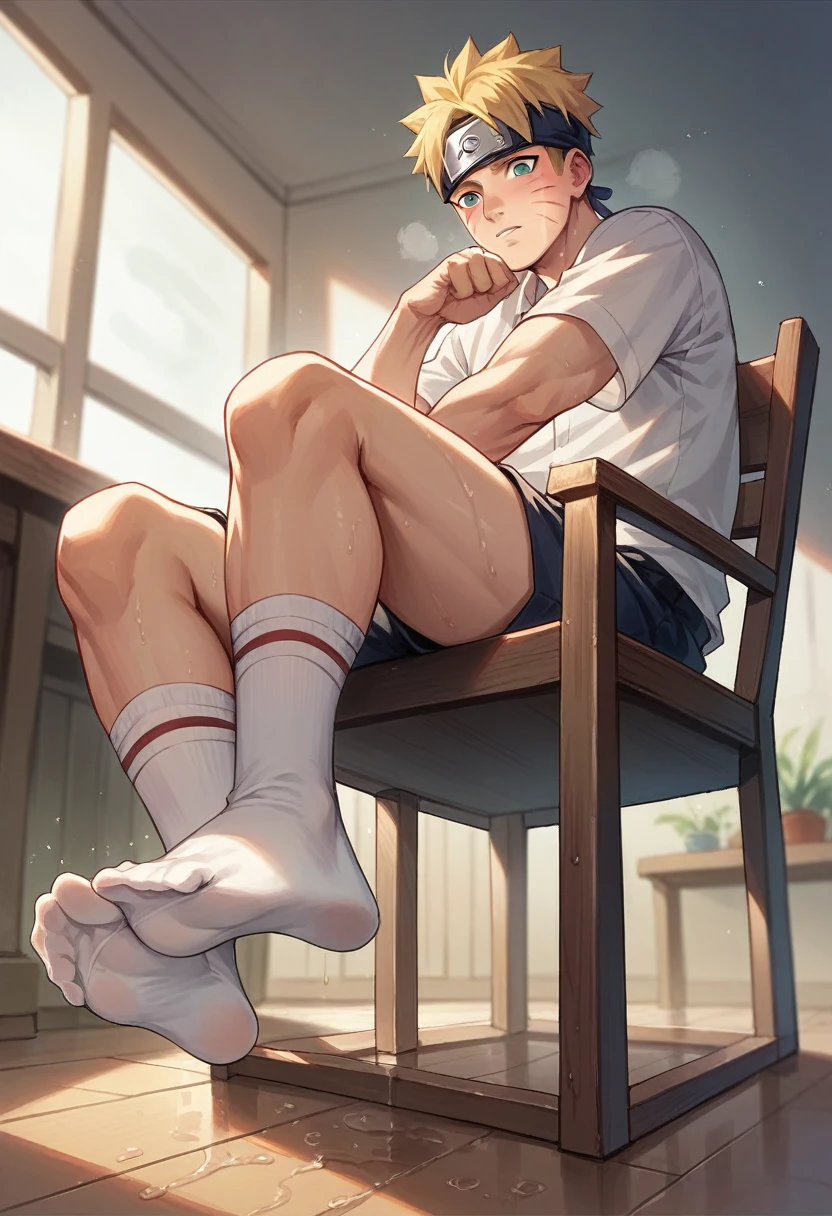 Anime boy Naruto very wet sweaty white socks scrunching his soles under chair so close to the camera rubbing his feet together