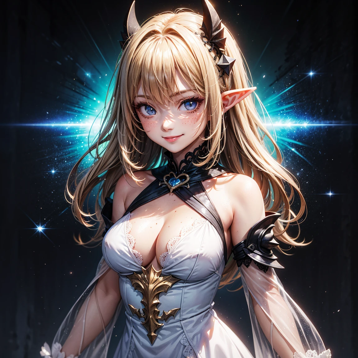 (High Detail:1.2) Anime Girl, (Best quality, Detailed), (dark, smile, gravelly:1.3, dark:1.2), 1girl, (solo), elf, long pointed ears, long bushy hair, light gold hair, dark blue eyes, freckle, white skin, sinister, intense look, background dark, Volumetric light, hyper realistic, super detailed, Dynamic pose, (medium breasts), white dress, body view.