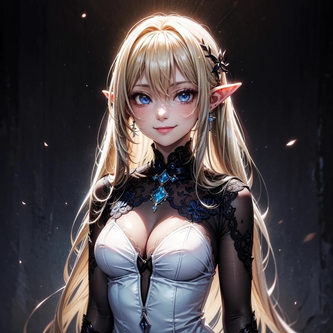 (High Detail:1.2) Anime Girl, (Best quality, Detailed), (dark, smile, gravelly:1.3, dark:1.2), 1girl, (solo), elf, long pointed ears, long bushy hair, light gold hair, dark blue eyes, freckle, white skin, sinister, intense look, background dark, Volumetric light, hyper realistic, super detailed, Dynamic pose, (medium breasts), white dress, body view.