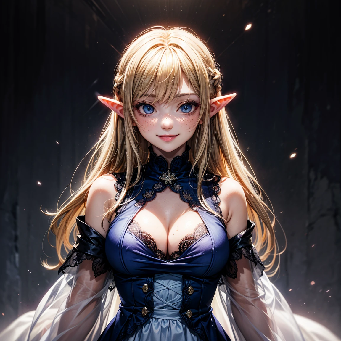 (High Detail:1.2) Anime Girl, (Best quality, Detailed), (dark, smile, gravelly:1.3, dark:1.2), 1girl, (solo), elf, long pointed ears, long bushy hair, light gold hair, dark blue eyes, freckle, white skin, sinister, intense look, background dark, Volumetric light, hyper realistic, super detailed, Dynamic pose, (medium breasts), white dress, body view.