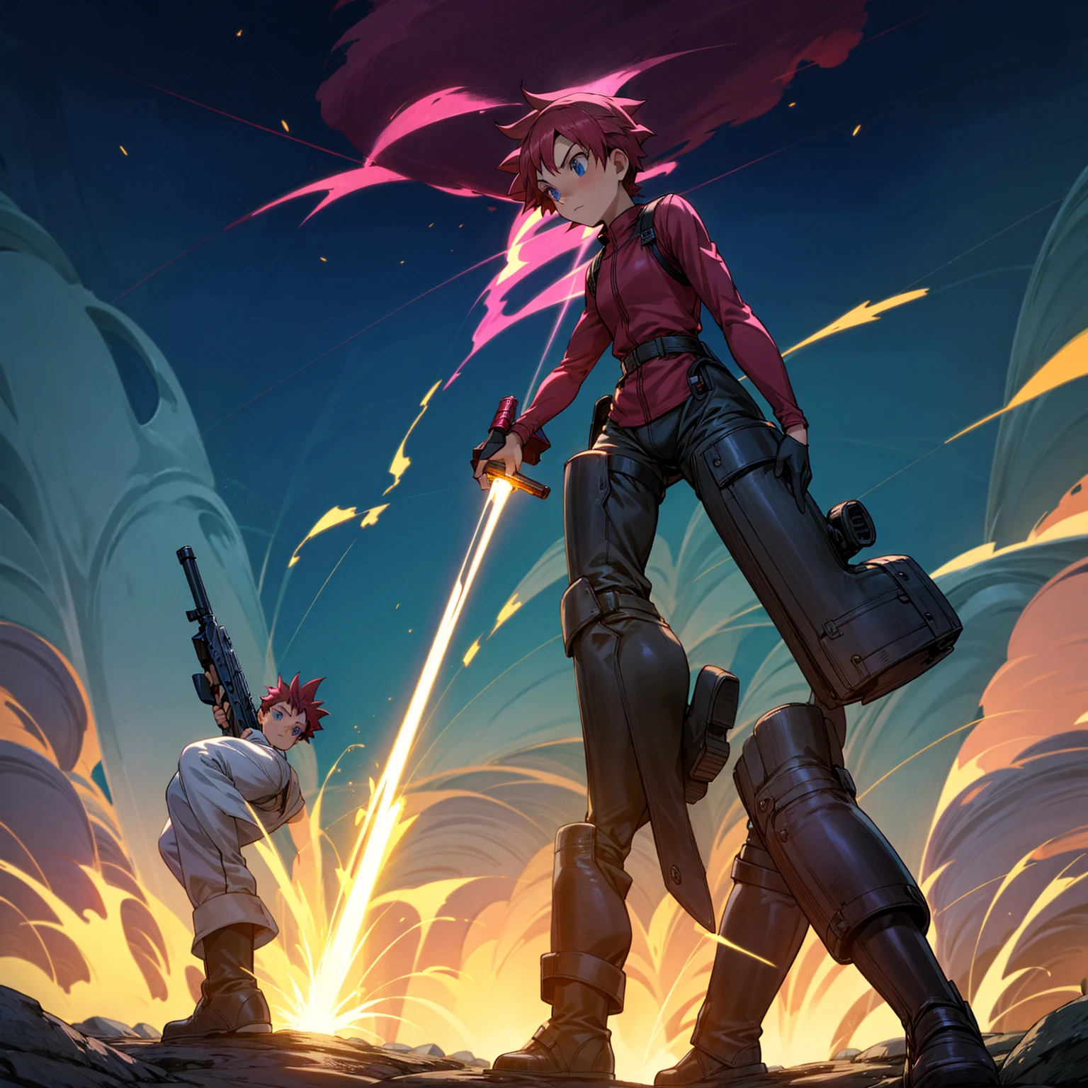 1boy, muscle, Full body version, 1character, blue eyes, short haircut, magenta color hair, Farmer style outfit, Boots, Grassroots, full background in field, motion blur, lighting, (Hunter x Hunter style art), big shotgun in hand, big weapon in hand, robot Shield in hand, smoke effect, fire effect, lighting on gun, plasma effect, moon, Moonlight 