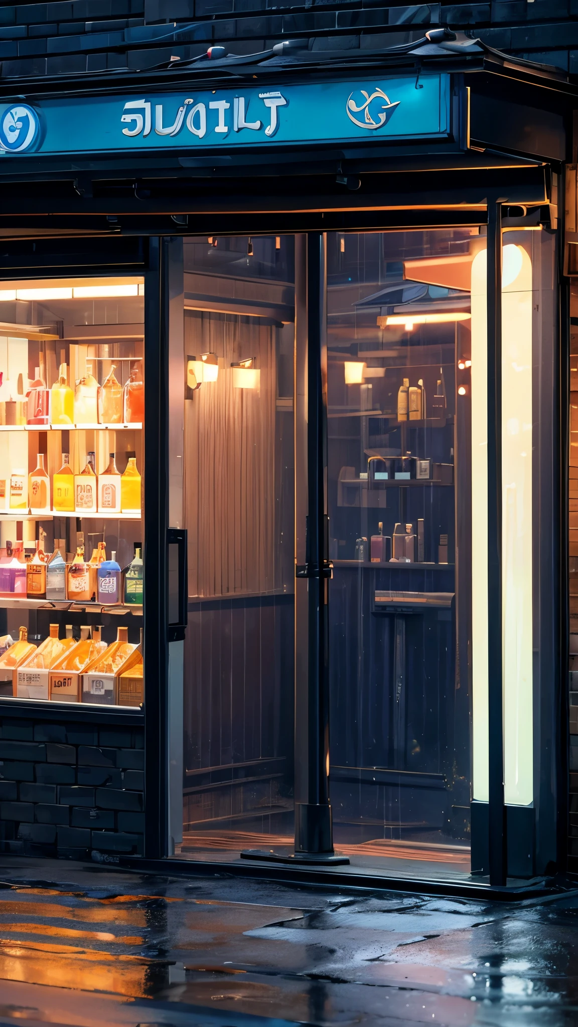 a cold drink shop in front of a wet road a pole beside the shop foggy environment at night time, camera view from front side of the shop, detailed shop, detailed shop mirror, detailed drinks, detailed wet road, detailed pole, detailed lights, best quality, highly detailed, masterpiece, 8k scene.