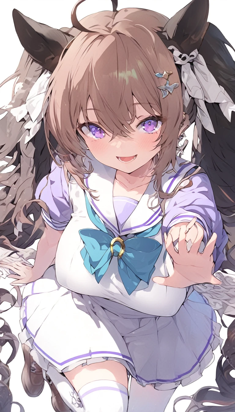 Absurd, High resolution, Super detailed, smile,Open your mouth,Are standing, View your viewers,vestige , Summer uniform, Seraphim, puffy short sleeve, bow tie, Horseshoe ornament, Sailor collar, Sailor shirt, Frills, White Skirt, Purple Shirt, mini skirt, zettai ryouiki, White knee socks, Brown footwear, shoes,Byblos \(umamusume\),Twin tails, Brown Hair, Long Hair, Have,Large Breasts, Purple eyes, Multicolored Hair, earrings, Hair Ribbon,