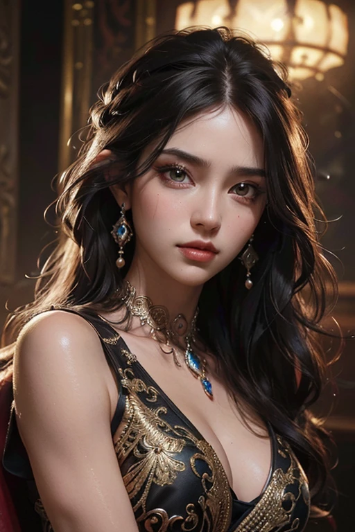 beautiful detailed eyes, beautiful detailed lips, extremely detailed eyes and face, longeyelashes, 1girl, beautiful ozbek princess, long black wavy hair, tight red sleeveless blouse, oily body, fair skin, visible large breasts, sweaty armpits, (best quality,4k,8k,highres,masterpiece:1.2),ultra-detailed,(realistic,photorealistic,photo-realistic:1.37), intricate facial features, highly detailed skin, hyper-realistic, dramatic lighting, vivid colors, luxury, ornate, regal, opulent