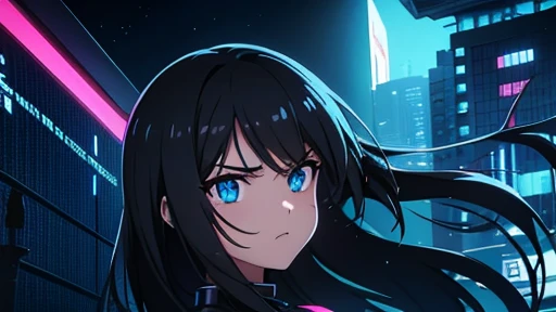 Anime style, super detailed illustration, high definition, dynamic angles, beautiful details, 8K, summer night BREAK In a cyberpunk world of glowing neon lights and futuristic buildings, two BREAKs are playing chess: one is a man with a serious expression and a hint of sweat on his face. The other is a female android with a cool demeanor.masterpiece,best quality,super detailed,perfect face,perfect hands,Break black hair,