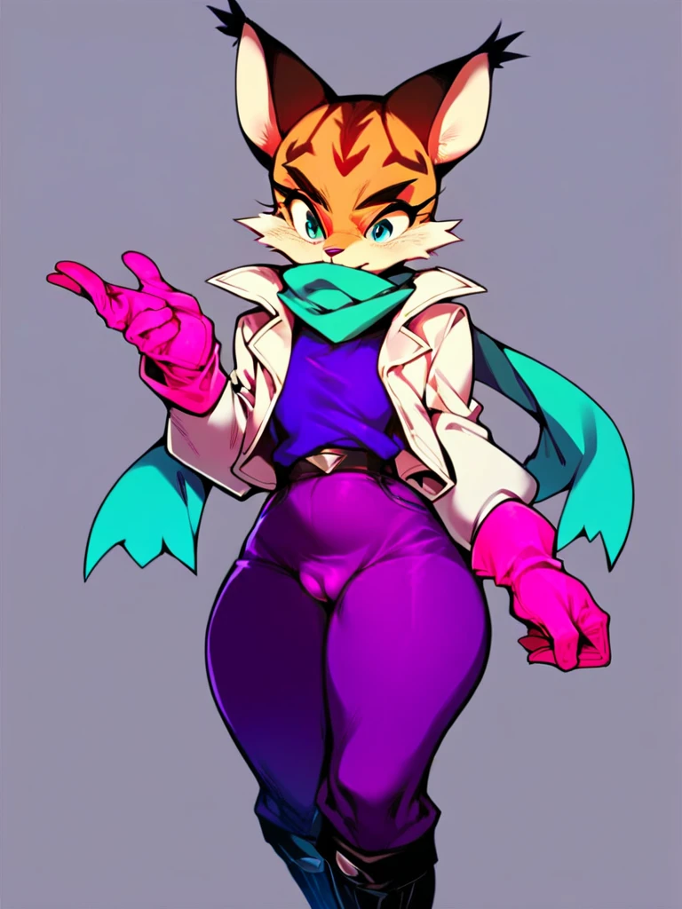 score_9, score_8_up, score_7_up, score_6_up, score_5_up, score_4_up, source_furry, Miyu-PonyXL, 1girl, solo, (white jacket, pink gloves, purple shirt, purple pants, boots, teal scarf), deep cameltoe, 