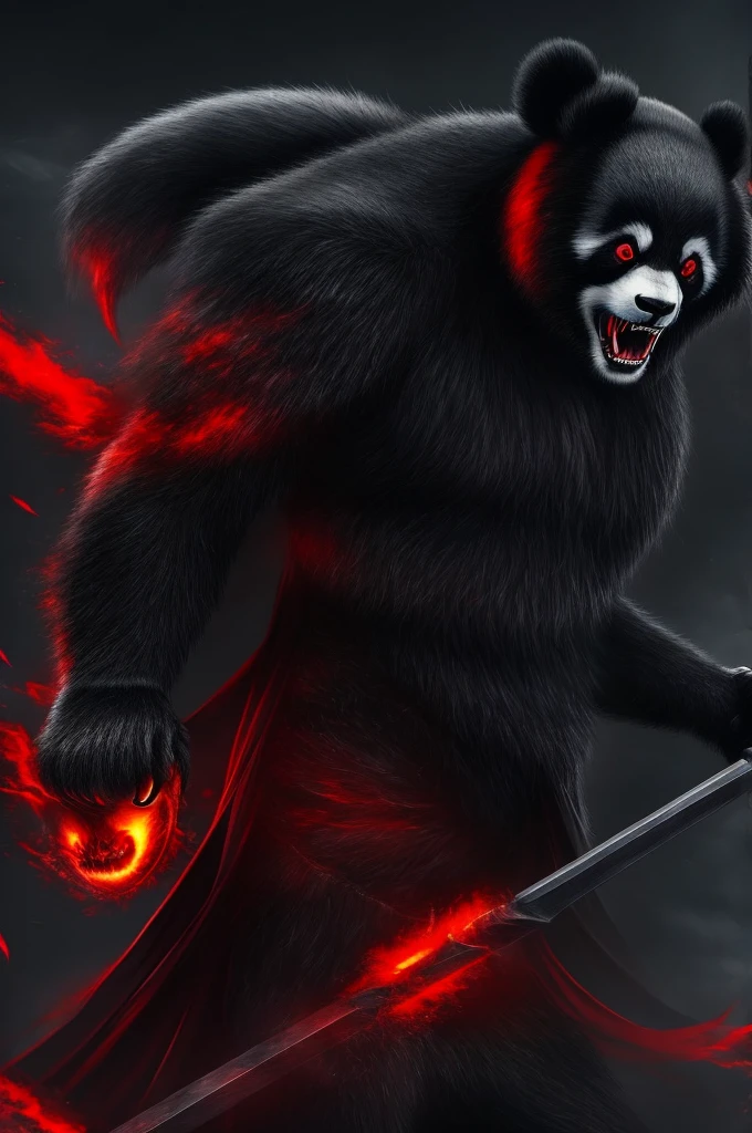 dark panda , muscled body, angry, Sharp teeth and claws, red eyes coming out lightning, dark aspects, grim reaper, high qualiy, horror details