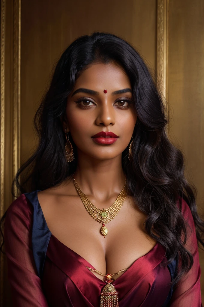  portrait of a indian woman with soft waves in her hair, wearing a deep red silk blouse. She has bold red lipstick and is adorned with layered gold necklaces, featuring a green and a black pendant. Her hand rests on her chest, displaying multiple gold rings. The background features a gradient of dark blue and purple, giving a dramatic contrast to her outfit.