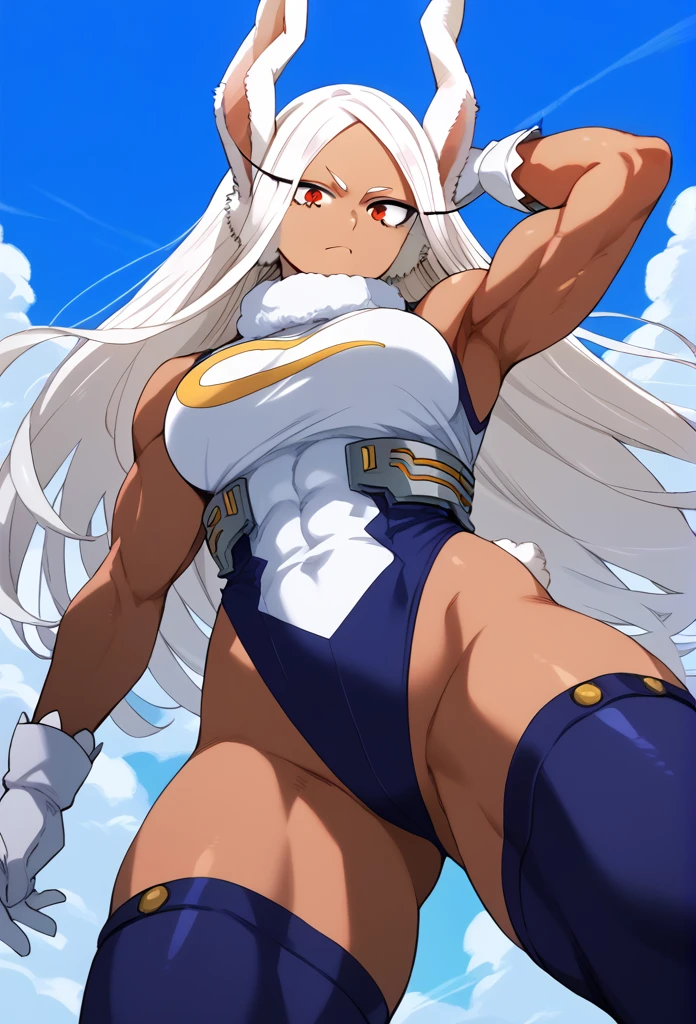 Score_9, score_8_up, score_7_up, source_anime, from below, solo, 1girl, rumi usagiyama, long hair, animal ears, white hair, dark skin, rabbit ears, dark-skinned female, muscular, rabbit girl, muscular female, red eyes, parted bangs,thighhighs, gloves, sleeveless, white gloves, leotard, turtleneck, highleg, highleg leotard, fur collar, sleeveless turtleneck, turtleneck leotard, sleeveless turtleneck leotard, crescent print,