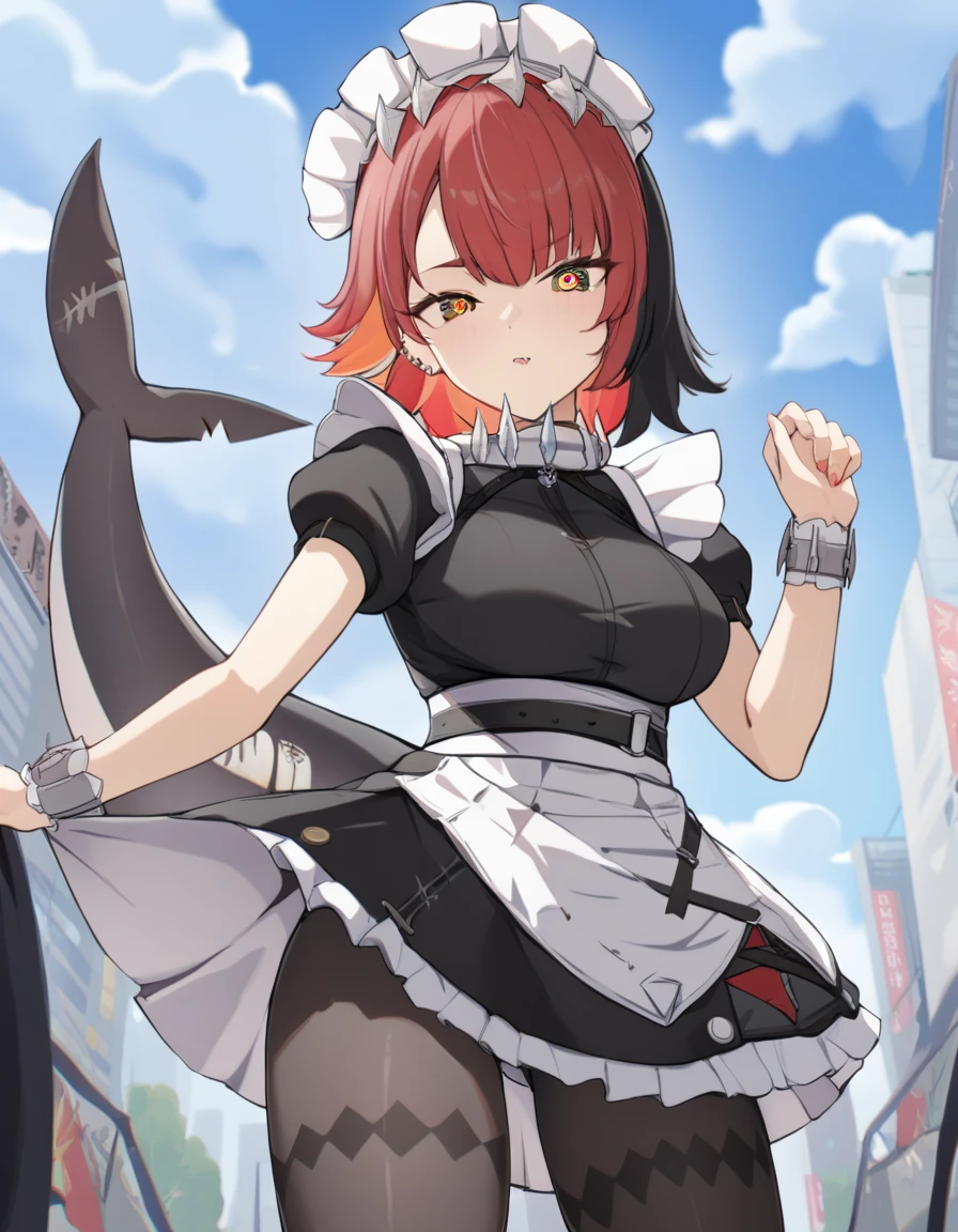 ellenjoe, ellen joe, black hair, colored inner hair, multicolored hair, (one red eye:1.3), red hair, short hair, two-tone hair, BREAK bapron, black pantyhose, black shirt, black skirt, ear piercing, fins, fish tail, maid, maid apron, maid headdress, pantyhose, piercing, puffy short sleeves, puffy sleeves, shark girl, shark tail, shirt, short sleeves, skirt, tail, two-tone hair, wrist cuffs, BREAK outdoors, city, sky, clouds, sun, park BREAK looking at viewer, (cowboy shot:1.5), BREAK (masterpiece:1.2), best quality, high resolution, unity 8k wallpaper, (illustration:0.8), (beautiful detailed eyes:1.6), extremely detailed face, perfect lighting, extremely detailed CG, (perfect hands, perfect anatomy)
