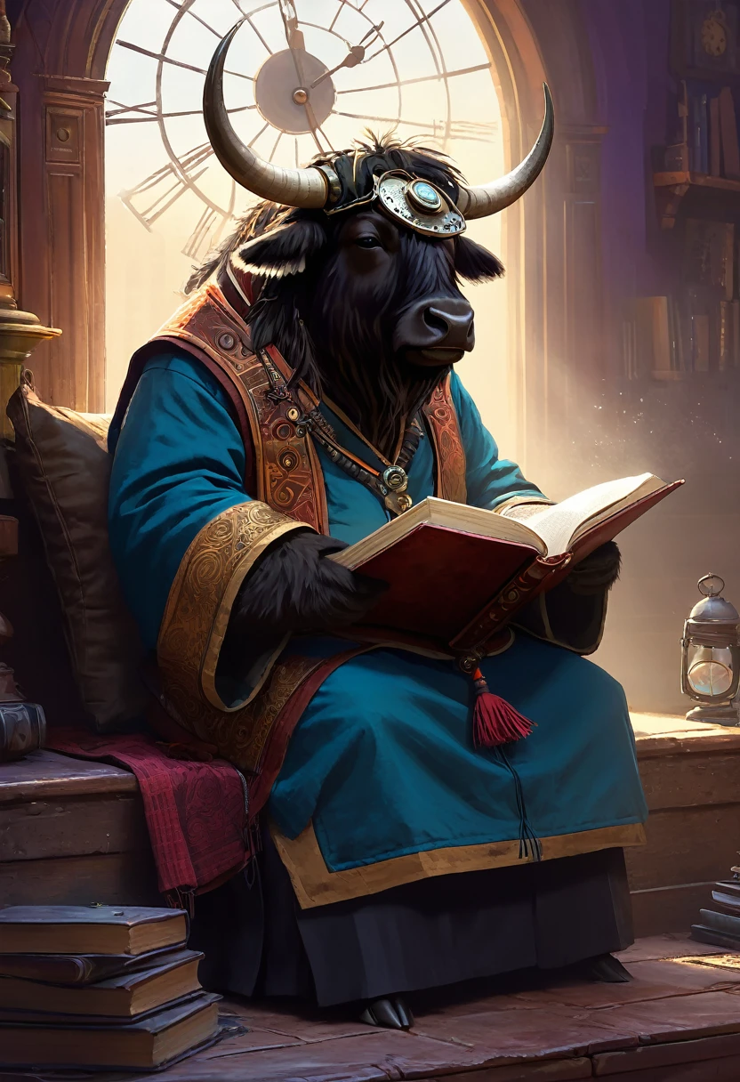 An atmospheric concept art of a talented yak reading in a charming universe, noon. Spotlighting. Clockpunk.

