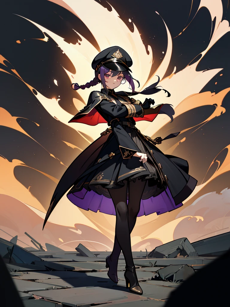 realisitic, City Deserted, Pile of rubble, Brick building, a one woman (18 years old, far away blackw hair, far away slits, Eyes red, glare eyes, 精致的面容, standing (In floor, feet shoulder-width apart), Lolita style military uniform (blackw base, Red Insert, golden decoration, volantes, wide sleeves, dainty and delicate detailing armors), blackw far away gloves (blackw, Red Insert, golden decoration, small hands, armors), blackw far away gloves, knee high boots (blackw, high-heels, red soles), ha (blackw, aba dourada, shield emblem, delicate details), arms in front, Front of belly, Holding military swords with both hands (blackw, golden decoration, delicate detail, Handle at the top, Ground-facing blade, in front of the body, far away), night sky (blackw, stele, Increased flames and smoke) Pale painting style, One Girl, super high quality, Super Detail, Super Detailed image, long hair, looking at viewer, skirt, shirt, hair ornament, violet eyes, gloves, round glasses, long sleeves, hat, closed mouth, jacket, violet hair, braid, open clothes, necktie, black gloves, black skirt, uniform, single braid, open jacket, black jacket, black headwear, 手链, Peaked cap, black necktie, cropped jacket, military hat, pantyhose, Flat Chest, smile, Black Cape