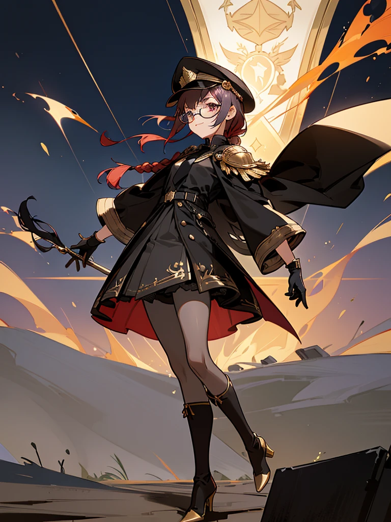 realisitic, City Deserted, Pile of rubble, Brick building, a one woman (18 years old, far away blackw hair, far away slits, Eyes red, glare eyes, 精致的面容, standing (In floor, feet shoulder-width apart), Lolita style military uniform (blackw base, Red Insert, golden decoration, volantes, wide sleeves, dainty and delicate detailing armors), blackw far away gloves (blackw, Red Insert, golden decoration, small hands, armors), blackw far away gloves, knee high boots (blackw, high-heels, red soles), ha (blackw, aba dourada, shield emblem, delicate details), arms in front, Front of belly, Holding military swords with both hands (blackw, golden decoration, delicate detail, Handle at the top, Ground-facing blade, in front of the body, far away), night sky (blackw, stele, Increased flames and smoke) Pale painting style, One Girl, super high quality, Super Detail, Super Detailed image, long hair, looking at viewer, skirt, shirt, hair ornament, violet eyes, gloves, round glasses, long sleeves, hat, closed mouth, jacket, violet hair, braid, open clothes, necktie, black gloves, black skirt, uniform, single braid, open jacket, black jacket, black headwear, 手链, Peaked cap, black necktie, cropped jacket, military hat, pantyhose, Flat Chest, smile, Black Cape