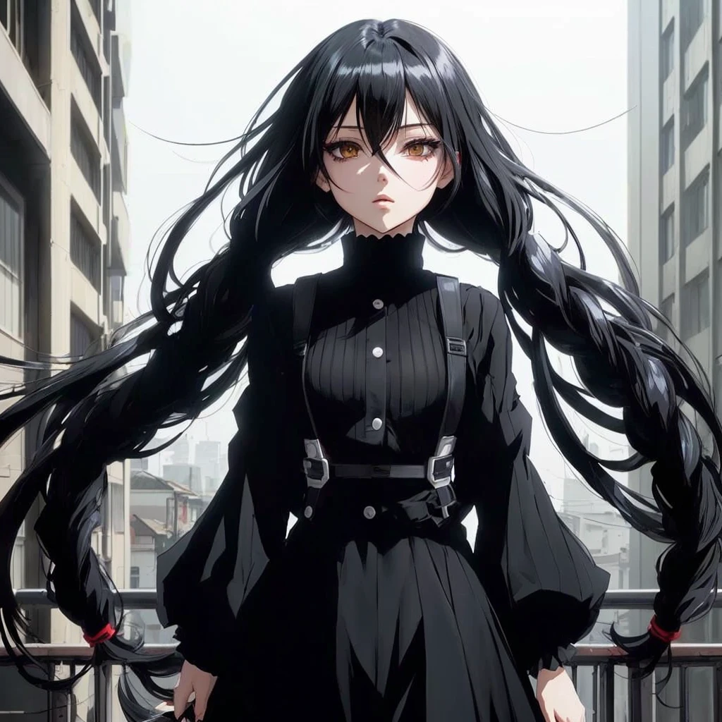 garota de anime com longos cabelos blackws em frente a uma cidade, garota de anime usando um vestido blackw, by Jin Homura, best anime girl, 1 7 Year Old Goth Anime Girl, female anime character, blackw, inspired by Jin Homura, blackw photo, madhouse anime style, gothic maiden anime girl, sui ishida com cabelo blackw