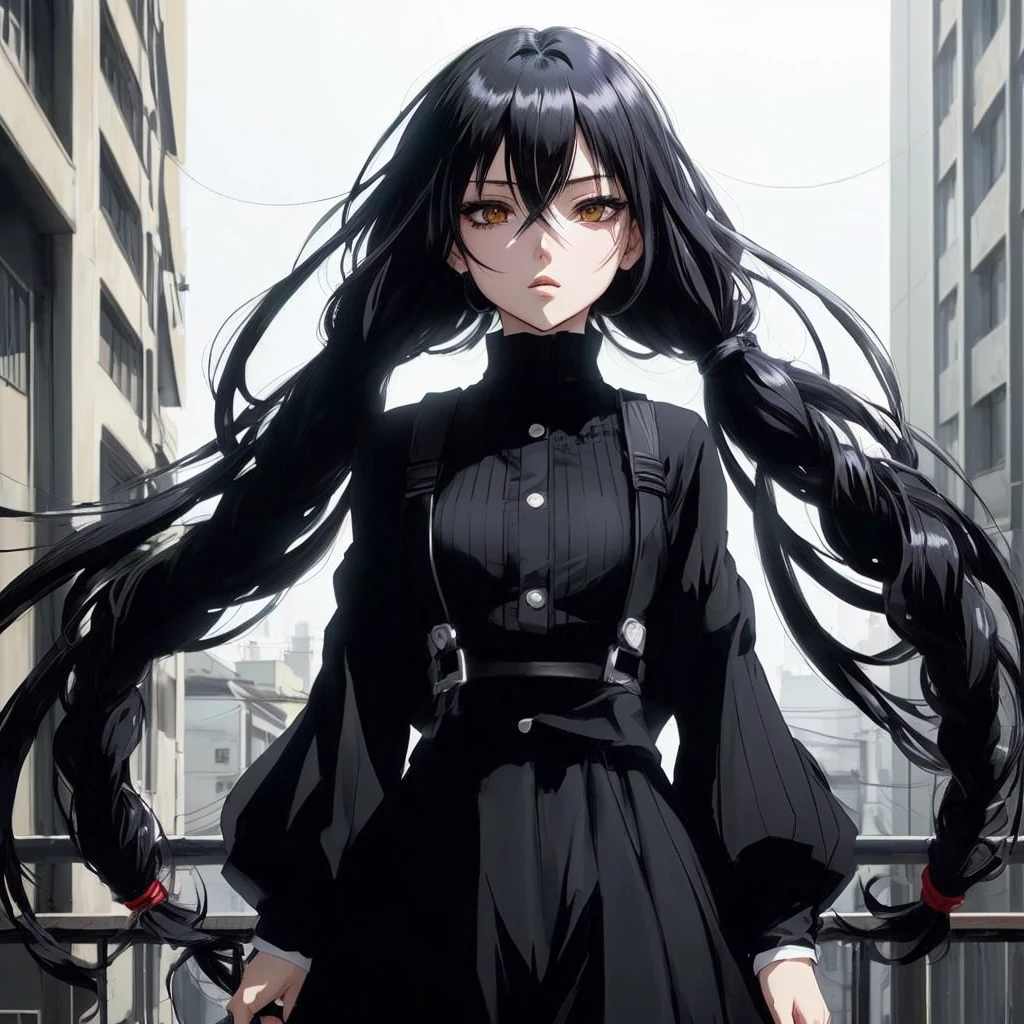 garota de anime com longos cabelos blackws em frente a uma cidade, garota de anime usando um vestido blackw, by Jin Homura, best anime girl, 1 7 Year Old Goth Anime Girl, female anime character, blackw, inspired by Jin Homura, blackw photo, madhouse anime style, gothic maiden anime girl, sui ishida com cabelo blackw