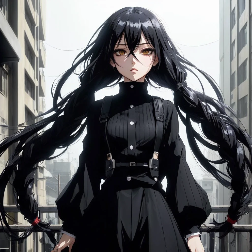 garota de anime com longos cabelos blackws em frente a uma cidade, garota de anime usando um vestido blackw, by Jin Homura, best anime girl, 1 7 Year Old Goth Anime Girl, female anime character, blackw, inspired by Jin Homura, blackw photo, madhouse anime style, gothic maiden anime girl, sui ishida com cabelo blackw