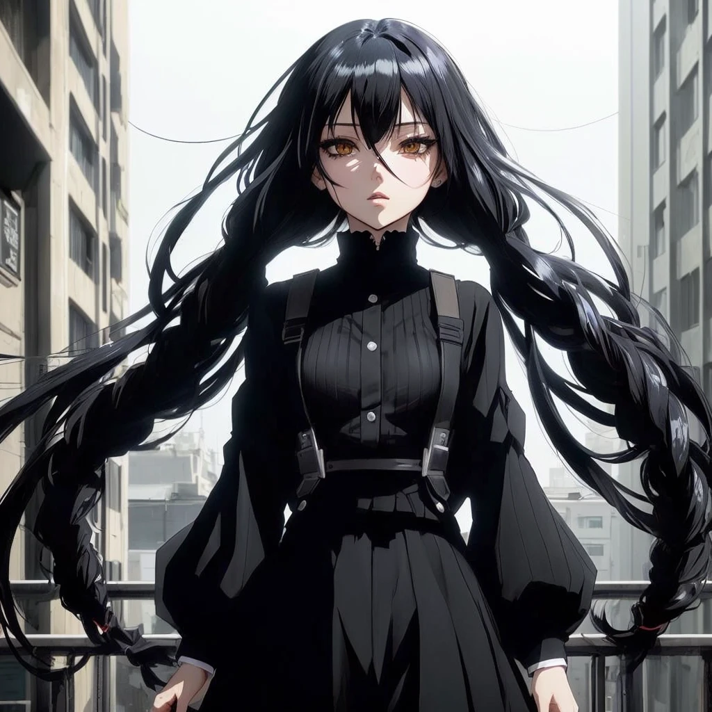 garota de anime com longos cabelos blackws em frente a uma cidade, garota de anime usando um vestido blackw, by Jin Homura, best anime girl, 1 7 Year Old Goth Anime Girl, female anime character, blackw, inspired by Jin Homura, blackw photo, madhouse anime style, gothic maiden anime girl, sui ishida com cabelo blackw
