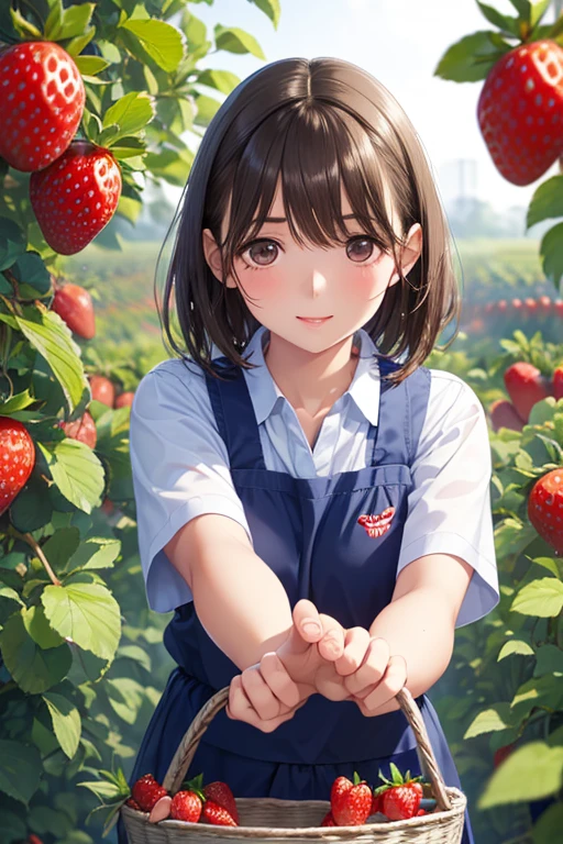 anegasaki nene、Shiny brown hair, short hair, (Beautiful brown eyes、Sparkling eyes, Fine grain)、smile、Ultra-detailed eyes、Highly detailed face, Highly detailed eyes,Cowboy Shot、



(masterpiece:1.2, Highest quality),(Realistic, photoRealistic:1.4),1 female,
Highest quality, Ultra-high resolution, (1 girl:1.4), alone,(Upper Body:1.2),  (Realistic:1.4), (Cute Teenage Girls:1.2),
 Red lips,Light_smile,(Short Hair), Wet,  stick out,White shirt with blue collar, Blue shorts,(View your viewers:1.4),
 (彼女の前腕にbasket:1.4),(picking strawberries:1.4), (Strawberry Farm:1.4), (Row of plants:1.4), (Red berry:1.4), Green leaves, sunlight, (basket:1.2), picking,(Pure Eros Face_v1:0.5) 