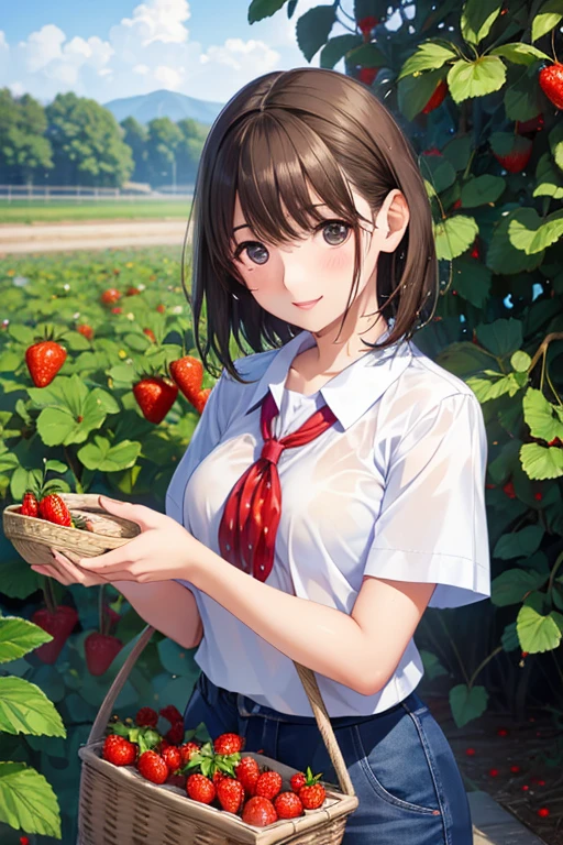 anegasaki nene、Shiny brown hair, short hair, (Beautiful brown eyes、Sparkling eyes, Fine grain)、smile、Ultra-detailed eyes、Highly detailed face, Highly detailed eyes,Cowboy Shot、



(masterpiece:1.2, Highest quality),(Realistic, photoRealistic:1.4),1 female,
Highest quality, Ultra-high resolution, (1 girl:1.4), alone,(Upper Body:1.2),  (Realistic:1.4), (Cute Teenage Girls:1.2),
 Red lips,Light_smile,(Short Hair), Wet,  stick out,White shirt with blue collar, Blue shorts,(View your viewers:1.4),
 (彼女の前腕にbasket:1.4),(picking strawberries:1.4), (Strawberry Farm:1.4), (Row of plants:1.4), (Red berry:1.4), Green leaves, sunlight, (basket:1.2), picking,(Pure Eros Face_v1:0.5) 