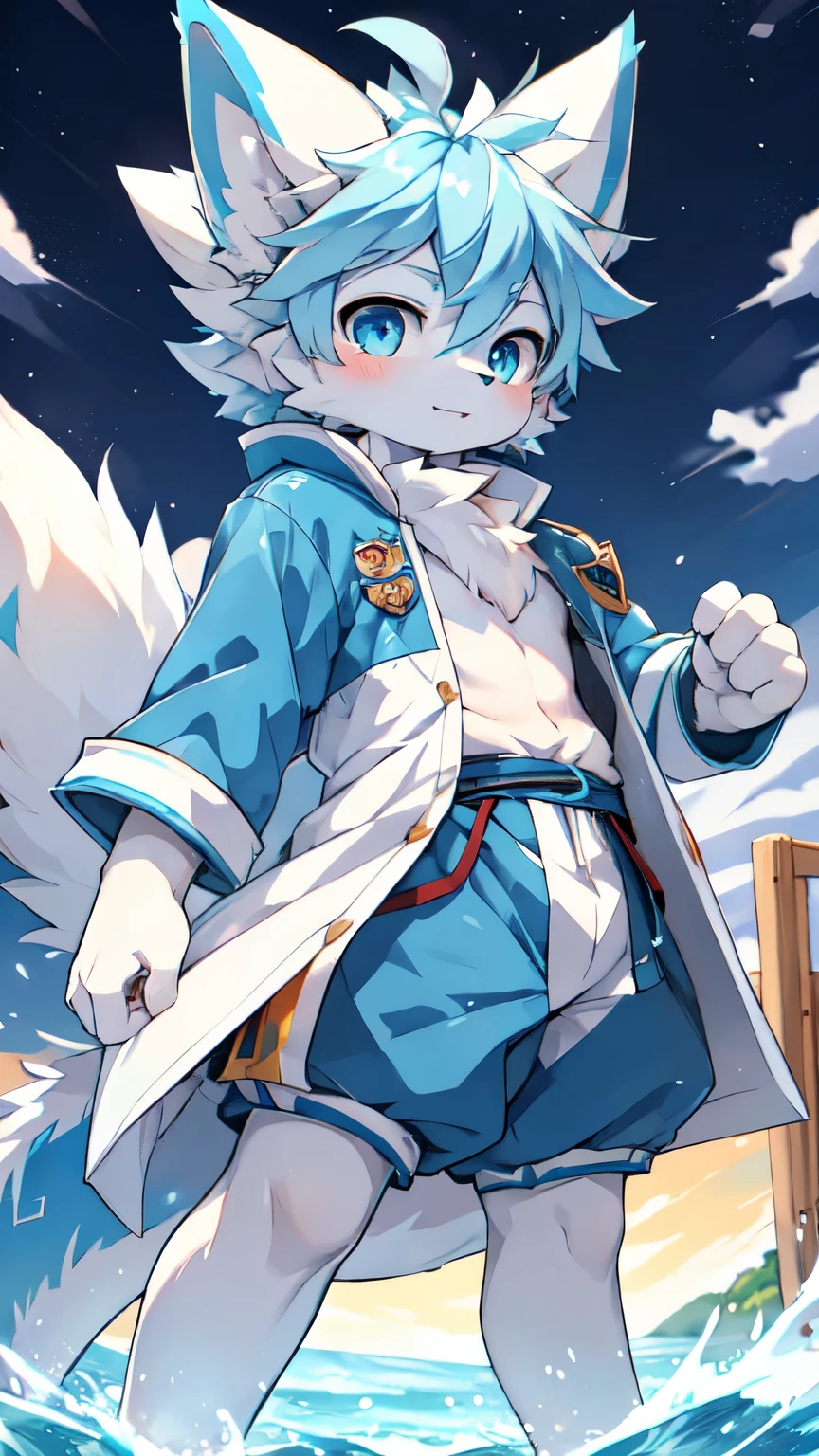 Blue hair,White hair,Blue dragon tail,The end of the tail has white fuzz,hairy,God of Art Super Top Quality, Super detailed, High resolution, Anime cute art style, The best anime, 8k, Kona sauce wallpaper, Pixiv Contest Winners, Perfect anatomical structure, , (Energetic teenager, 13 years old:1.3), High resolution详细的头发,Iris and pupil are well proportioned,Blue pupils,Blue ears,Single,Light blue coat,White shorts,White boots,playground