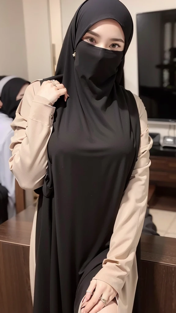 8K, high quality, nice lighting, soft lighting, realistic, dark eyes, sexy, big breasts, thighs, wide hips, arabic dress, black dress, Jewelry, sexy lady, asian, hijab, niqab, sexy pose, showing big thighs, nice body, natural largest breast, wearing rings for woman, office girl, sexy posing,
