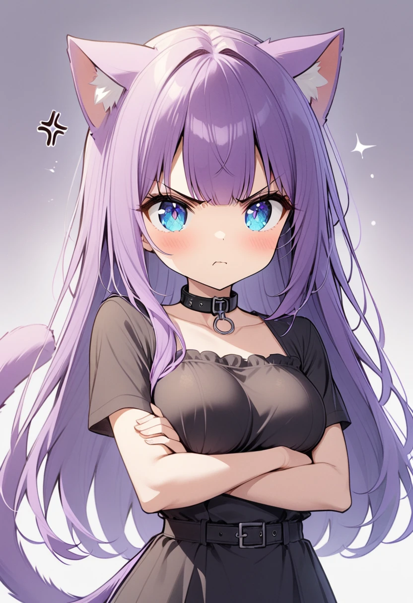 1girl, Blue eyes, Long Hair, Bangs, Purple Hair, Breasts, angry, black collar, cat ears, purple cat tailc, black clothes, arms crossed