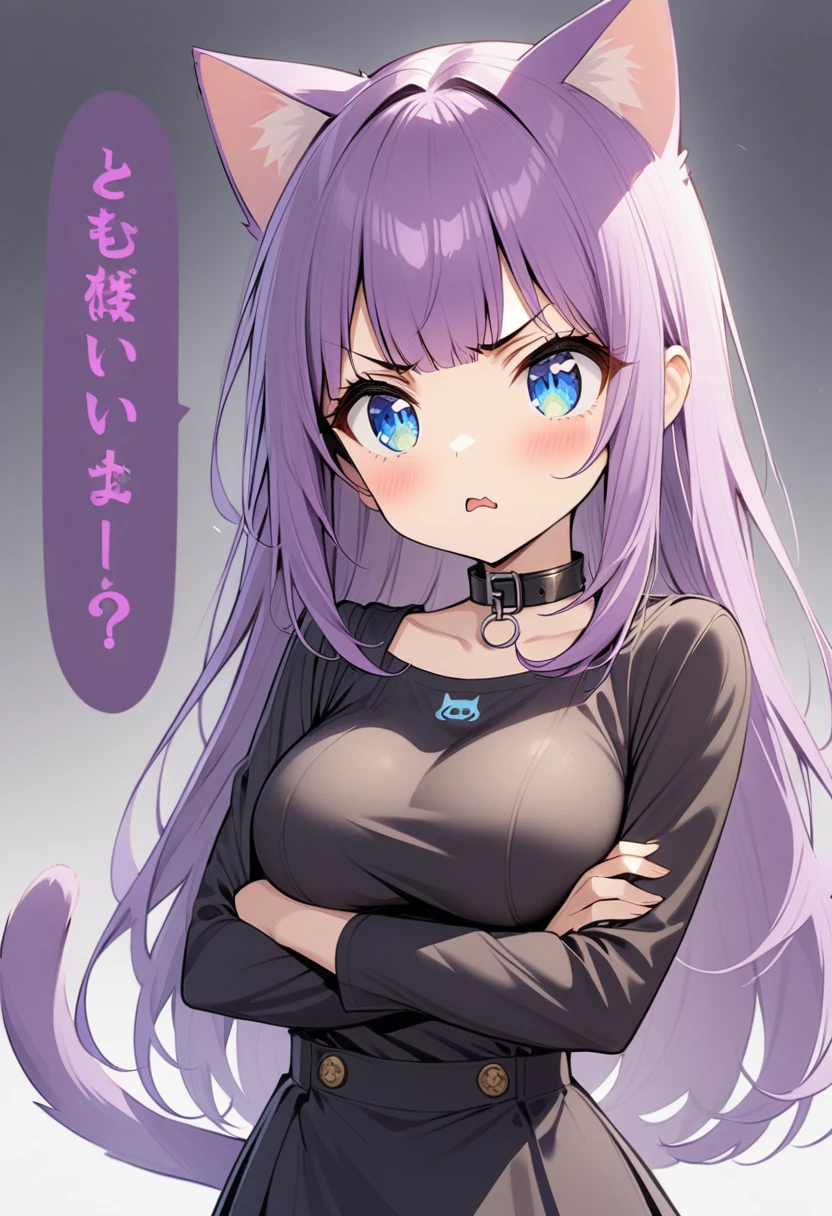 1girl, Blue eyes, Long Hair, Bangs, Purple Hair, Breasts, angry, black collar, cat ears, purple cat tailc, black clothes, arms crossed