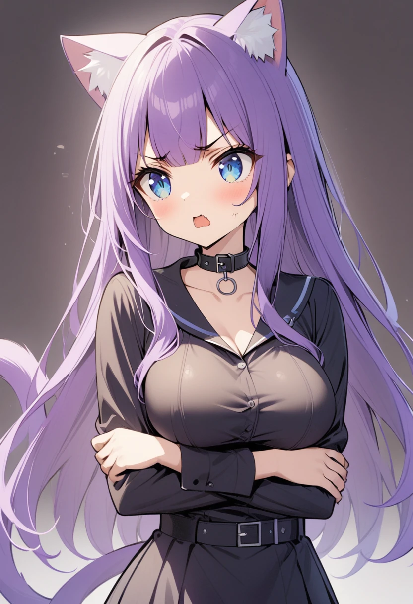 1girl, Blue eyes, Long Hair, Bangs, Purple Hair, Breasts, angry, black collar, cat ears, purple cat tailc, black clothes, arms crossed