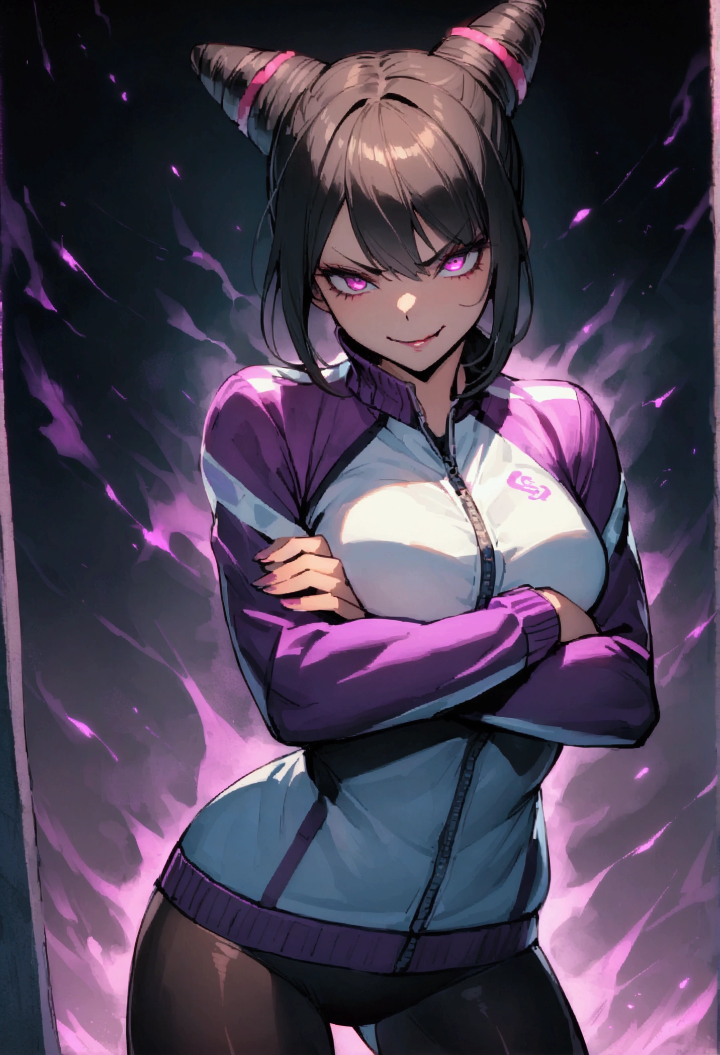 beautiful young fitness woman with , in a gym wearing May with black pantyhose, white and purple fitted gym jacket. standing alone,hair horns,bright purple eyes,Evil smile,legging preto aura roxa,arms crossed eye shadow