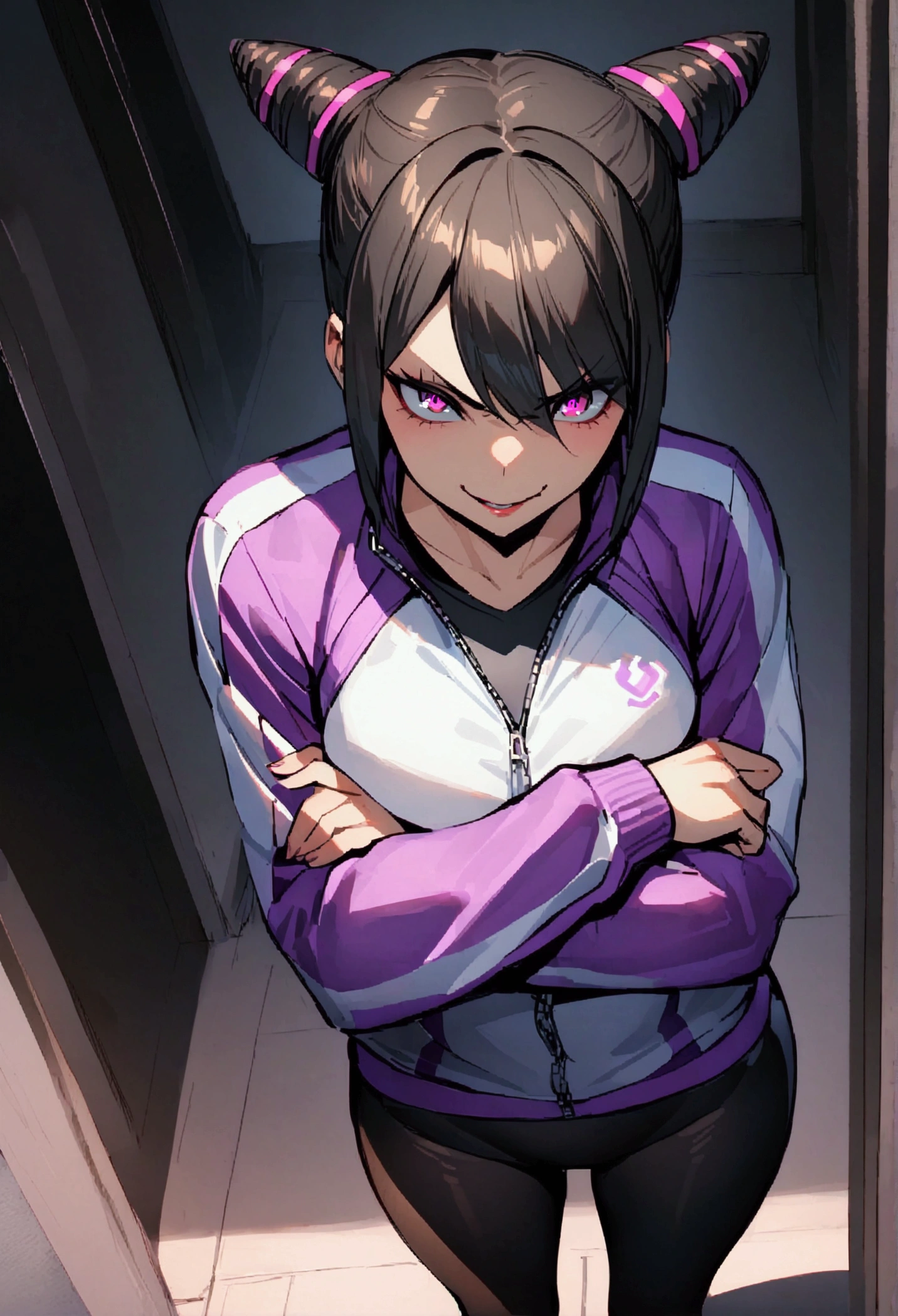 beautiful young fitness woman with , in a gym wearing May with black pantyhose, white and purple fitted gym jacket. standing alone,hair horns,bright purple eyes,Evil smile,legging preto aura roxa,arms crossed eye shadow