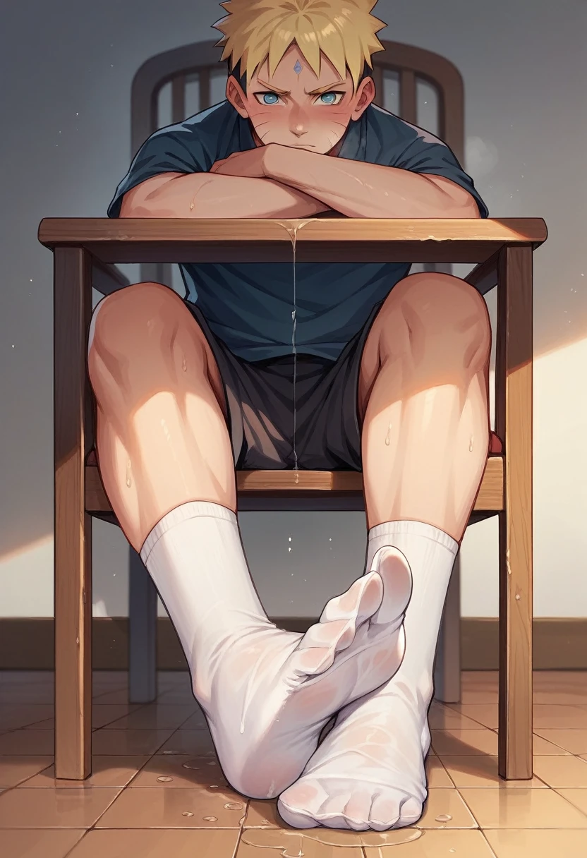 Anime boy Naruto very wet sweaty white socks scrunching his soles under chair so close to the camera rubbing his feet together 