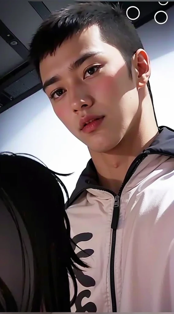 brown skin guy with dark hair and dark eyebrows look down to girl