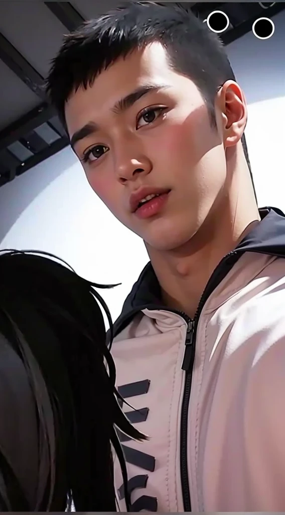 brown skin guy with dark hair and dark eyebrows look down to girl
