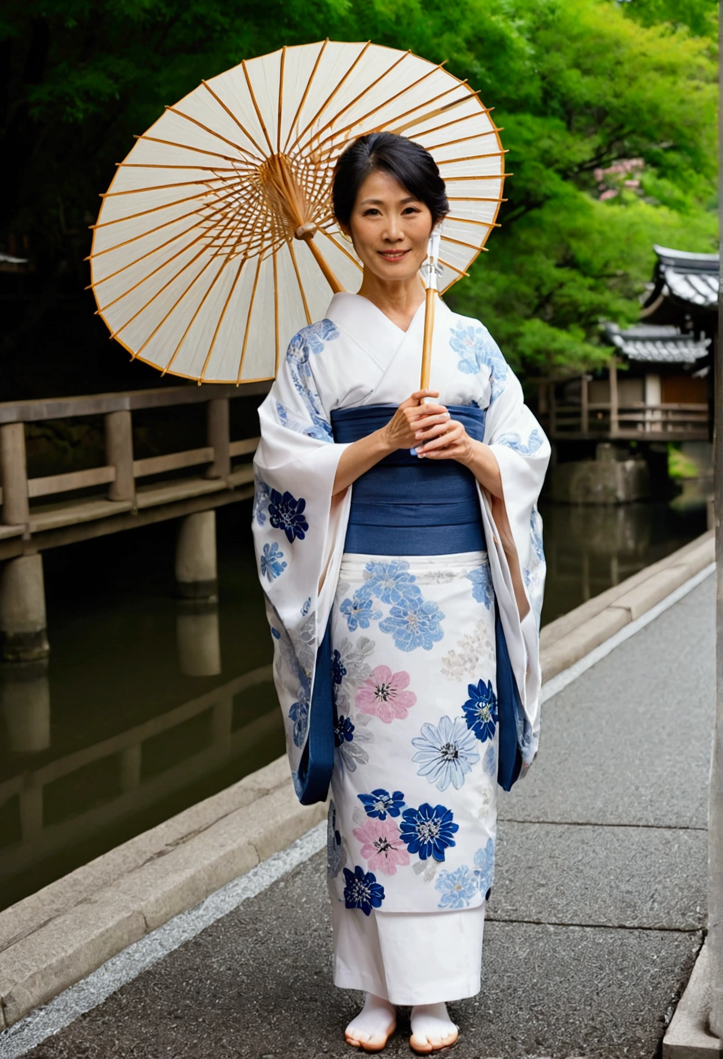 A beautiful and elegant middle-aged Japanese woman. Wearing an exquisite and elegant noble kimono, white socks and flip-flops. She is holding an oil paper umbrella. Appeared in scenes all over Osaka, Japan. Kyoto. Gion.Kamo River. Her appearance resembles Sayuri Ishikawa. 