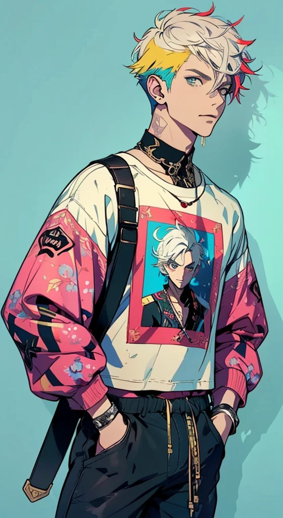 ((work of art, best qualityer)), 1 young boy, (mature man:1.4), 130 mmf1.4 lenses, 1 young boy, standing alone, pointy ears, heart-shaped pupils, From above, chewing gum, gumball demon boy, big pectorals, saturados, colorfully, multicolored hair, silver hair, hair blue, multi colored eyes (((1boy))), ((toned)), male focus, Masterpiece artwork, high qualiy, (Masterpiece artwork:1.2), (best qualityer:1.2), shining skin, realisitic, ornate, intricate, ((blackquality hair)), (short hair), blue colored eyes,bangss, hair between the eyes, chic, looking_at_viewer, holding_fan, red_eyeliner, FH, crazy eyes, gazing at viewer, constricted pupils, dynamic pose, (shadows cast over the face:1.3), dark bedroom, shadow room